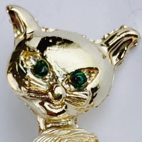 VTG Mid Century Creepy Cute Brooch Cat Figural Rhinestone Gold Tone Kitschy Pin - Picture 10 of 11